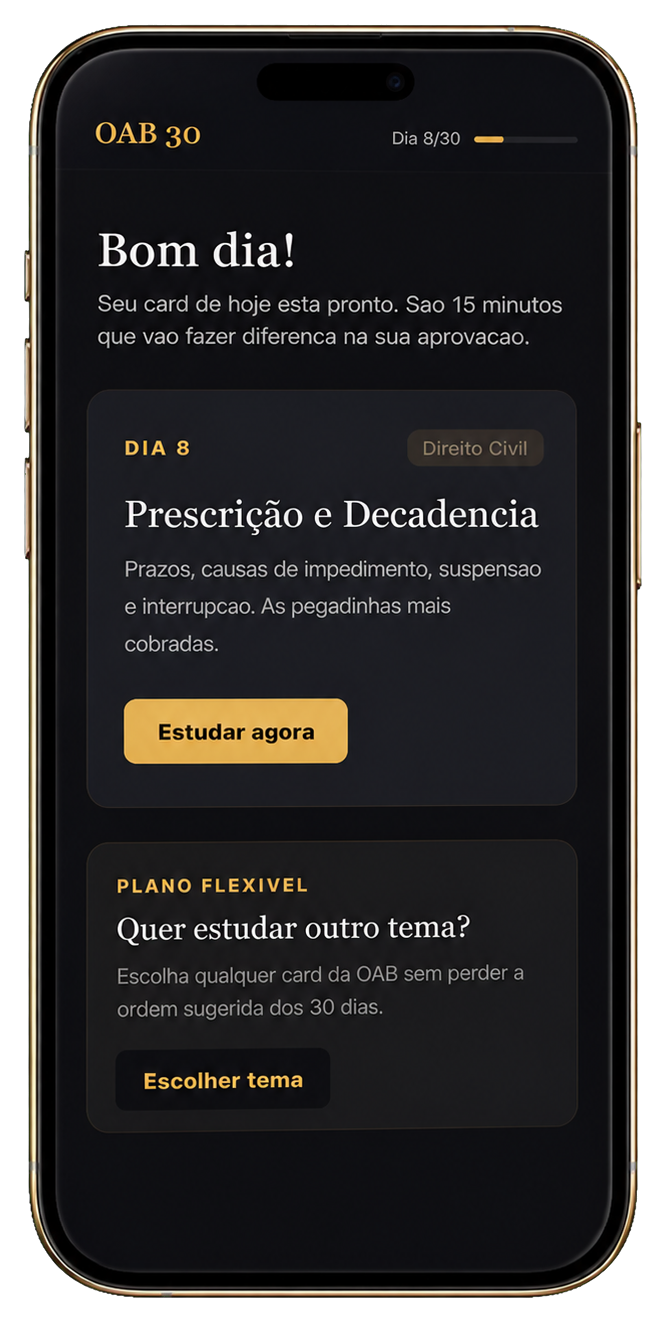 Celular exibindo o card diário do aplicativo OAB em 30 Dias
