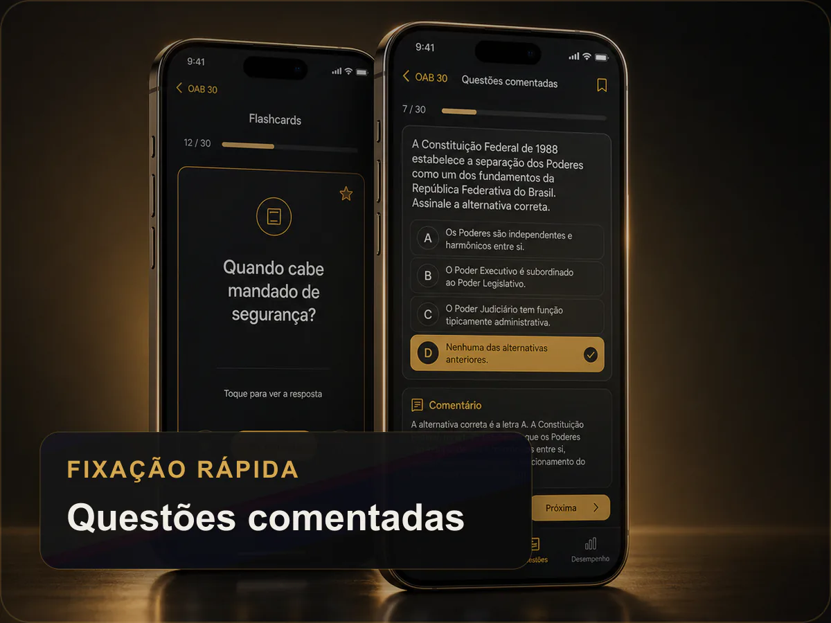 Mockup premium do aplicativo OAB em 30 Dias mostrando questões comentadas e fixação
