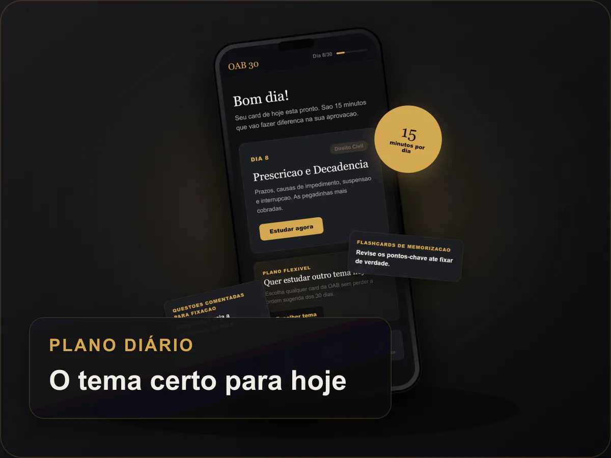 Mockup premium do aplicativo OAB em 30 Dias mostrando o plano diário de estudo
