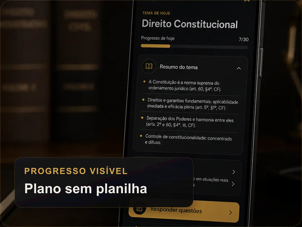 Mockup premium do aplicativo OAB em 30 Dias mostrando progresso e resumo do tema